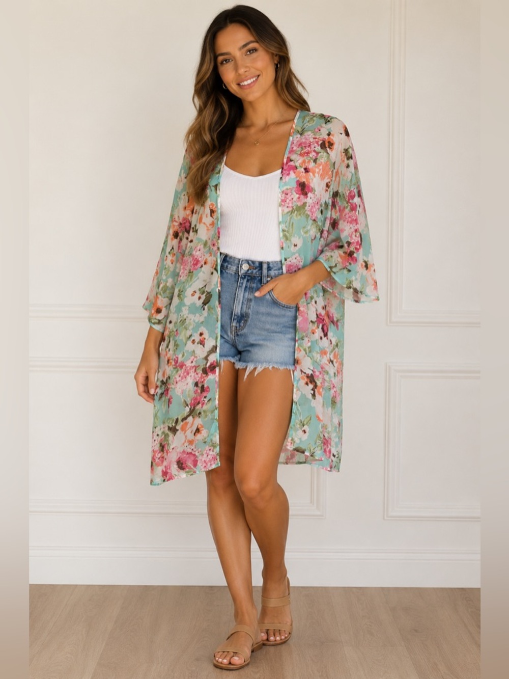 Beautiful Sheer Floral Mint Beach Kimono - Women Swim Cover-Up 💕🌸